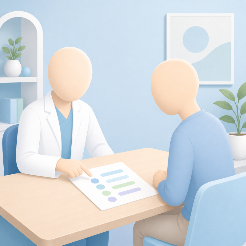 医師が検査結果を一緒に確認する診察室のイメージ