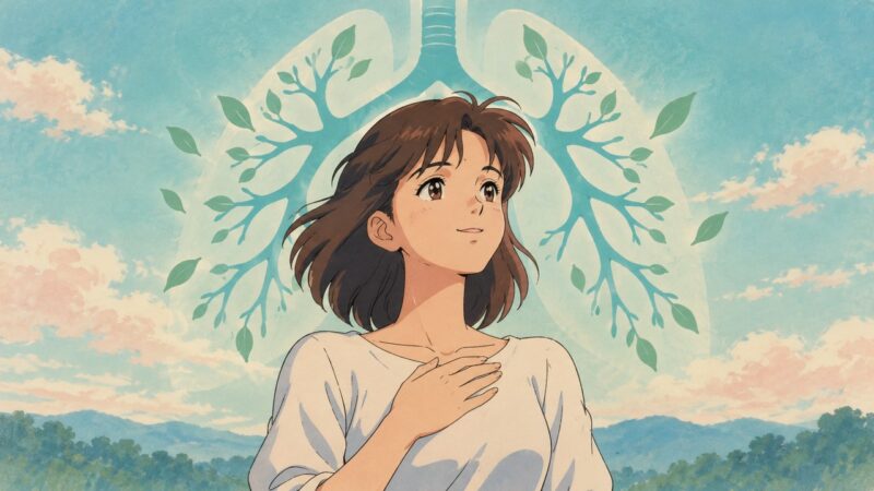 胸に手を当てて深呼吸する女性と、木の枝のように広がる気管支のイラスト