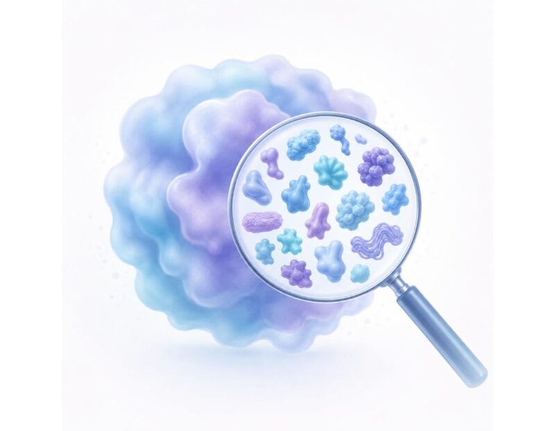 ぼんやりした大きな塊を虫眼鏡でのぞくと、中に複数の異なる形と色の粒がはっきり分かれて見えるイメージイラスト