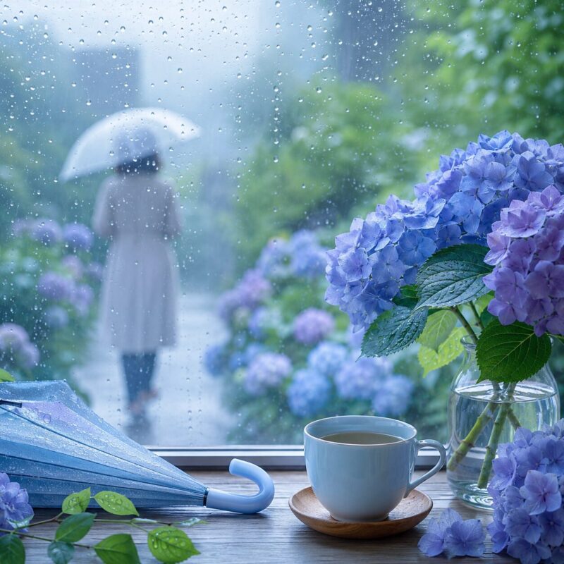 梅雨の窓辺とあじさい・雨の中を傘をさして歩く人のイメージ