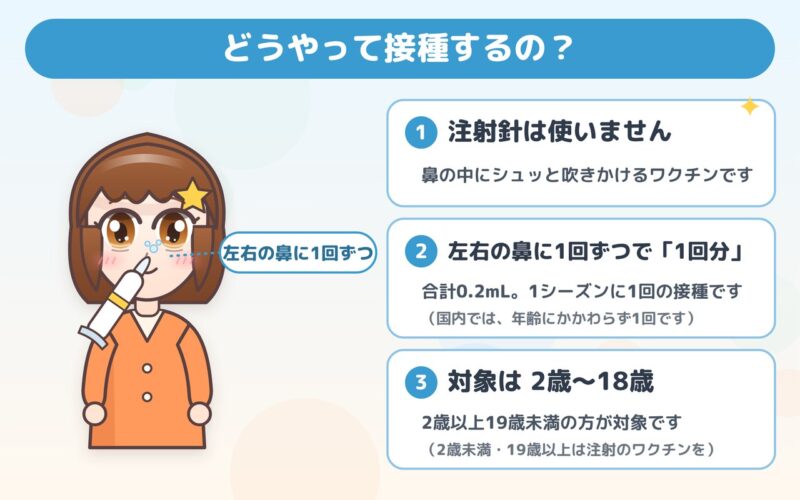 接種のしかたのイラスト。注射針は使わず、左右の鼻に1回ずつ吹きかけて1回分。1シーズンに1回、対象は2歳〜18歳
