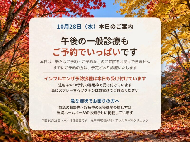 10月28日（水）本日のご案内：午後の一般診療もご予約でいっぱいです。インフルエンザ予防接種は本日も受け付けています。急な症状でお困りの方への相談先は本文に掲載しています。明日10月29日（木）は休診日です。