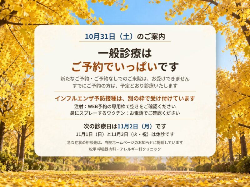 10月31日(土)のご案内:一般診療はご予約でいっぱいです。新たなご予約・ご予約なしでのご来院はお受けできません。すでにご予約の方は予定どおり診療いたします。インフルエンザ予防接種は別の枠で受け付けています。次の診療日は11月2日(月)です。11月1日(日)と11月3日(火・祝)は休診です。