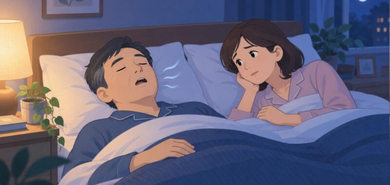 夜、いびきをかいて眠る男性と、心配そうに見つめる女性のイラスト（睡眠時無呼吸症候群のイメージ）